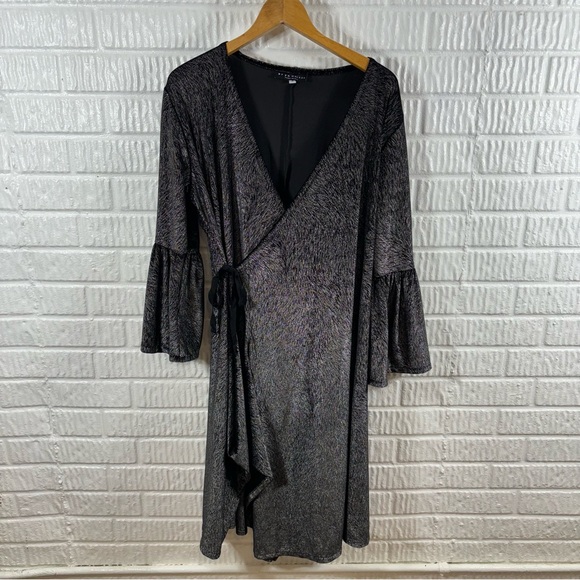 bryn Walker Dresses & Skirts - Bryn Walker Sybilla Wrap Dress Small Silver Black Metallic Bell Sleeve Midi